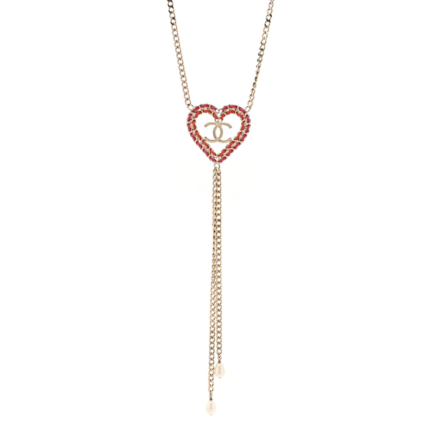 Lambskin Chain Pearl CC Heart Necklace Gold Red Pink Pearly White
