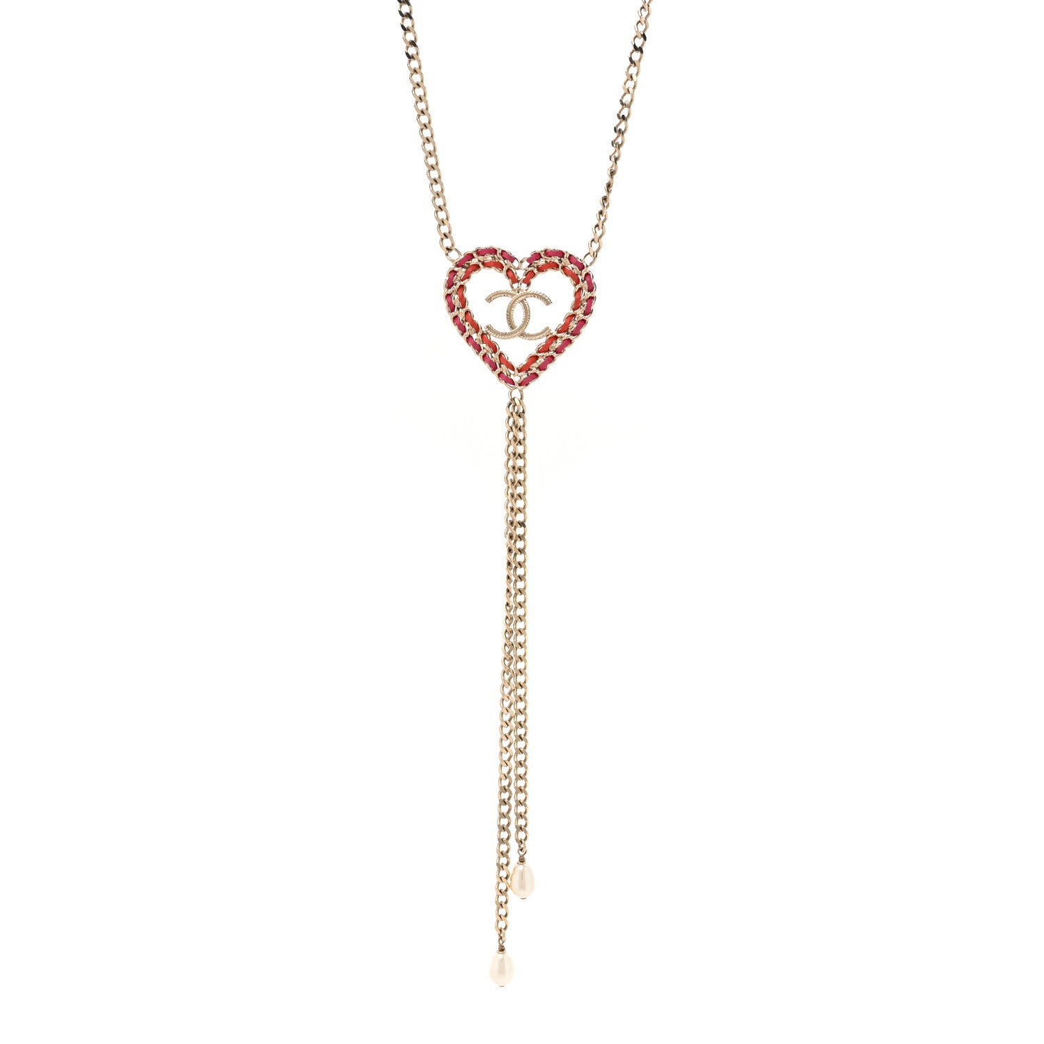 Chanel Lambskin Chain Pearl CC Heart Necklace Gold Red Pink Pearly White 1 of 5