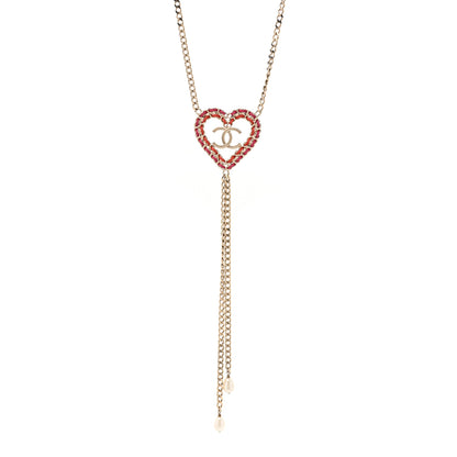 Chanel Lambskin Chain Pearl CC Heart Necklace Gold Red Pink Pearly White 1 of 5