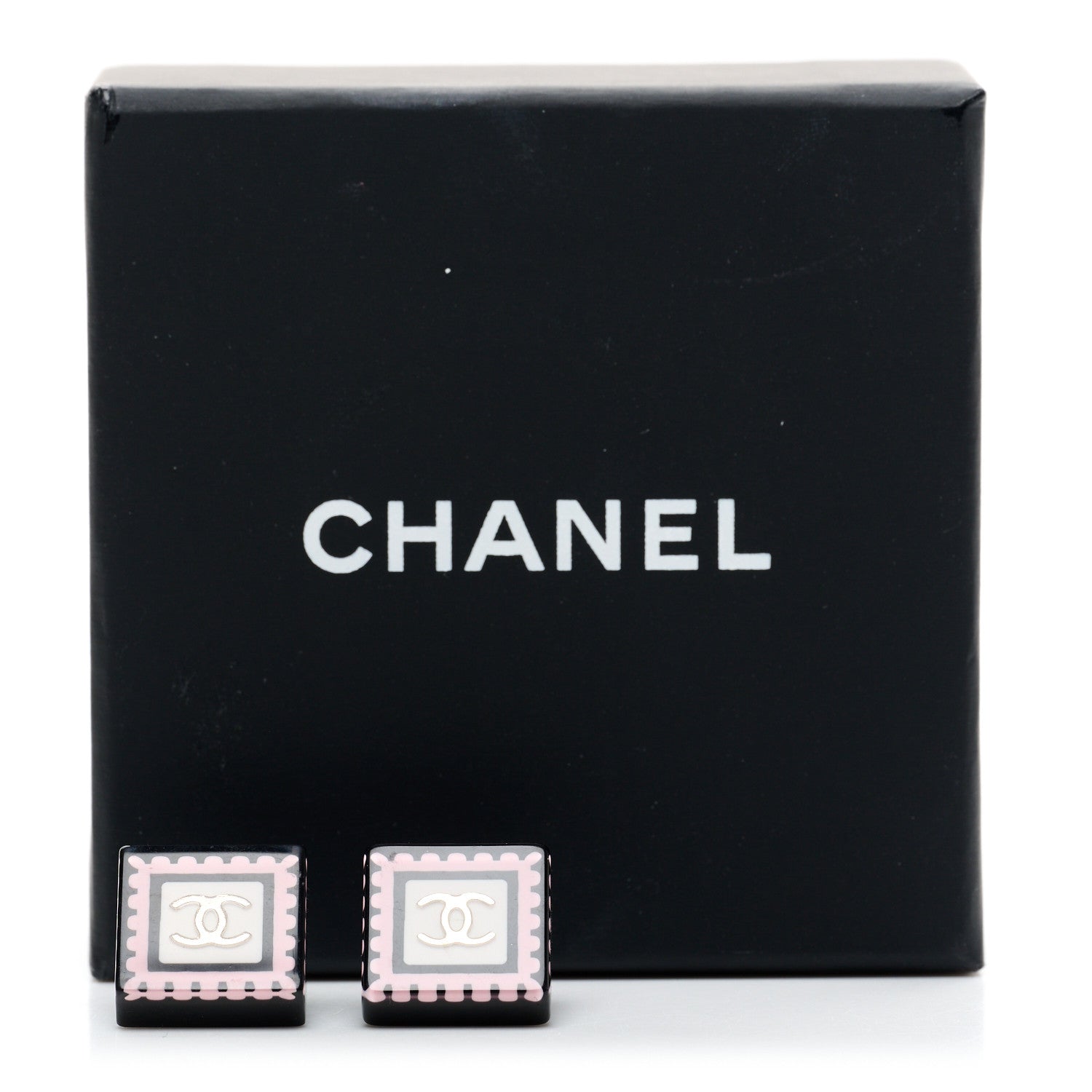 Chanel Resin CC Square Earrings Black Pink White 5 of 5