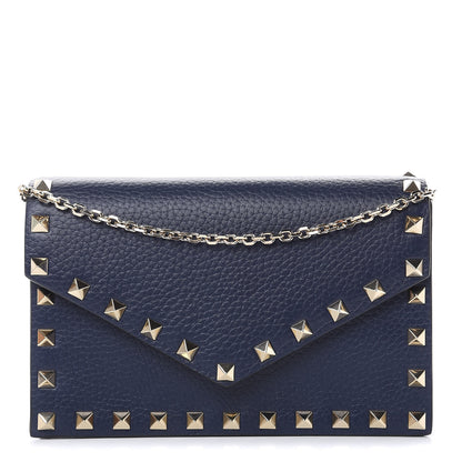 Valentino Garavani Pebbled Calfskin Rockstud Envelope Wallet on Chain Pure Blue 1 of 9