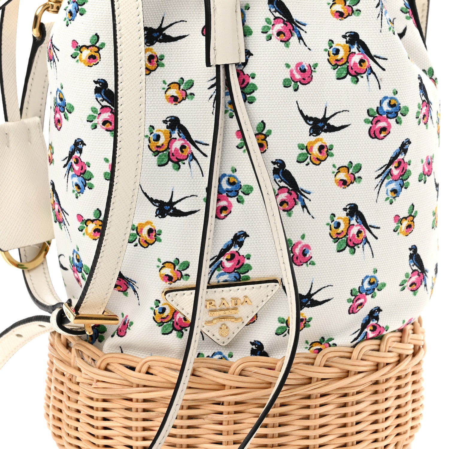 Prada Wicker Canvas Floral Print Bucket Bag White Multicolor 9 of 11