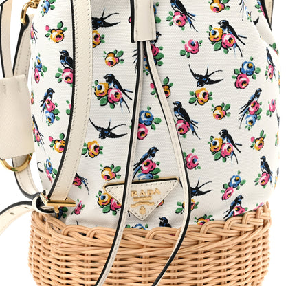Prada Wicker Canvas Floral Print Bucket Bag White Multicolor 9 of 11