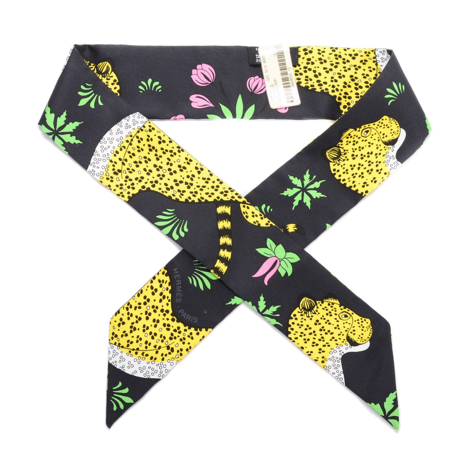 Hermes Silk Les Leopards Twilly Noir Jaune Vert 1 of 6