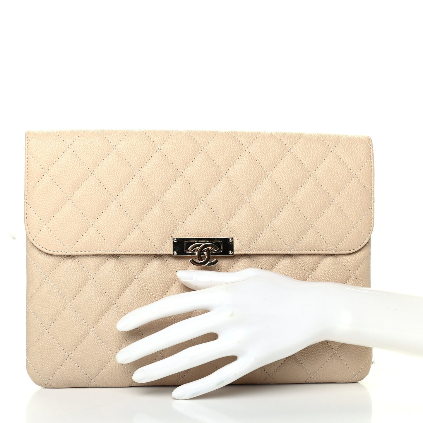Caviar Quilted Medium Golden Class Pouch Beige