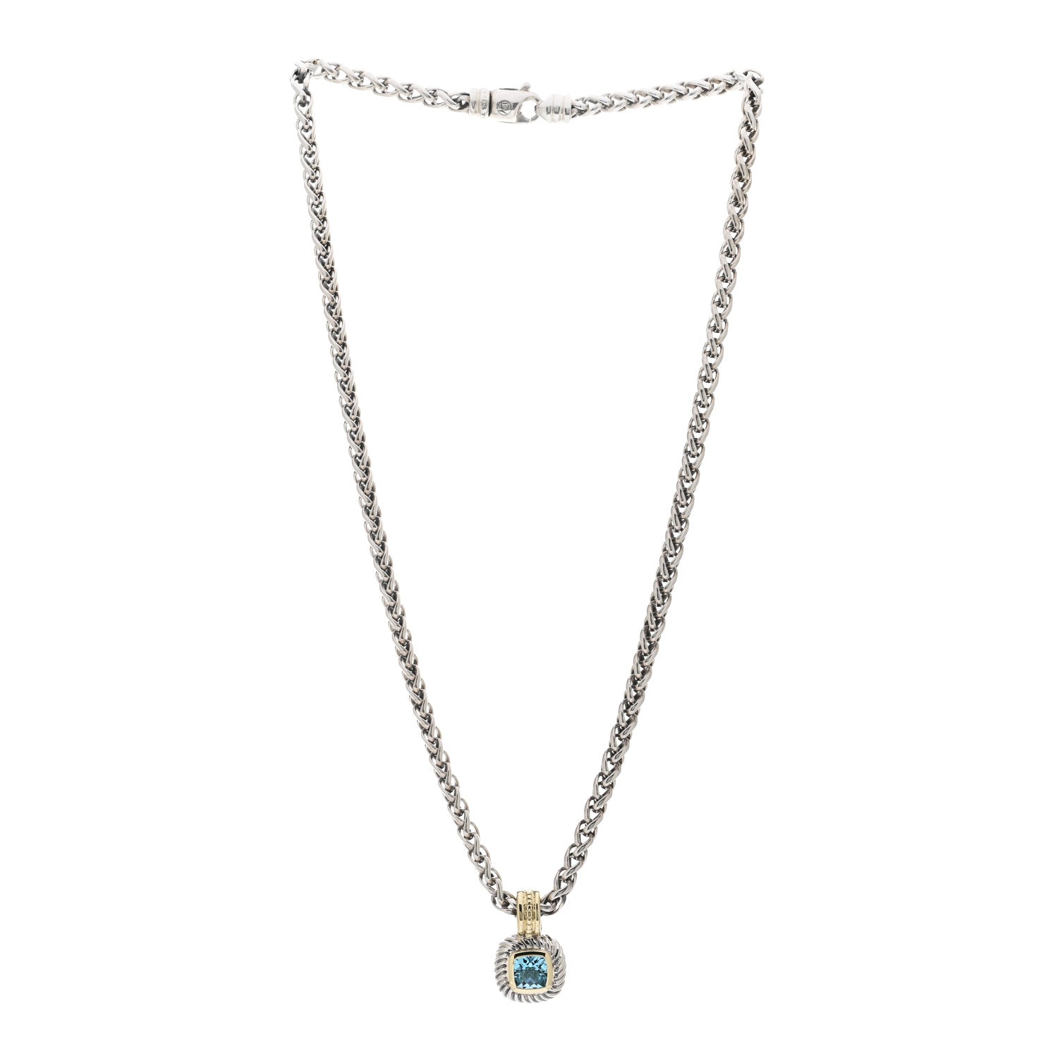 David Yurman Sterling Silver 14K Yellow Gold Blue Topaz 7mm Albion Enhancer Pendant Necklace 3 of 4