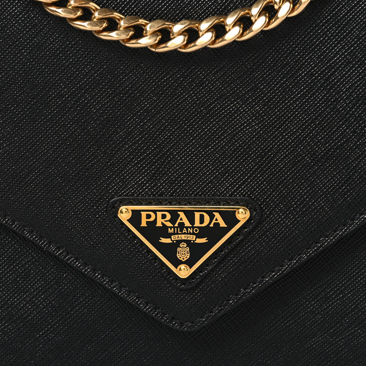 Saffiano Soft Calfskin Metal Triangle Logo Envelope Chain Shoulder Bag Black