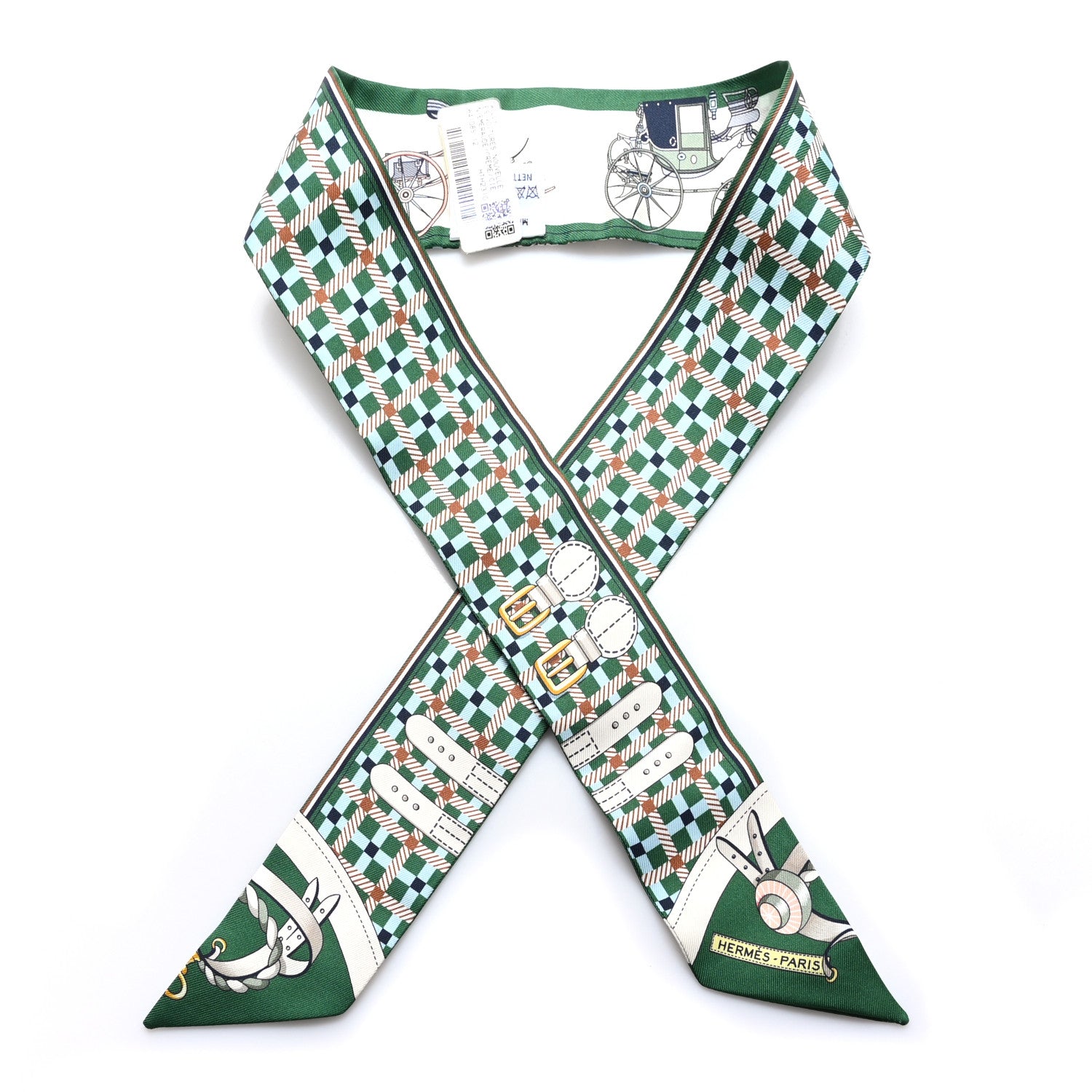 Hermes Silk Les Voitures Nouvelle Twilly Emeraude Creme Ciel 1 of 4