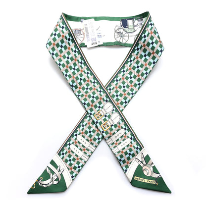 Hermes Silk Les Voitures Nouvelle Twilly Emeraude Creme Ciel 1 of 4