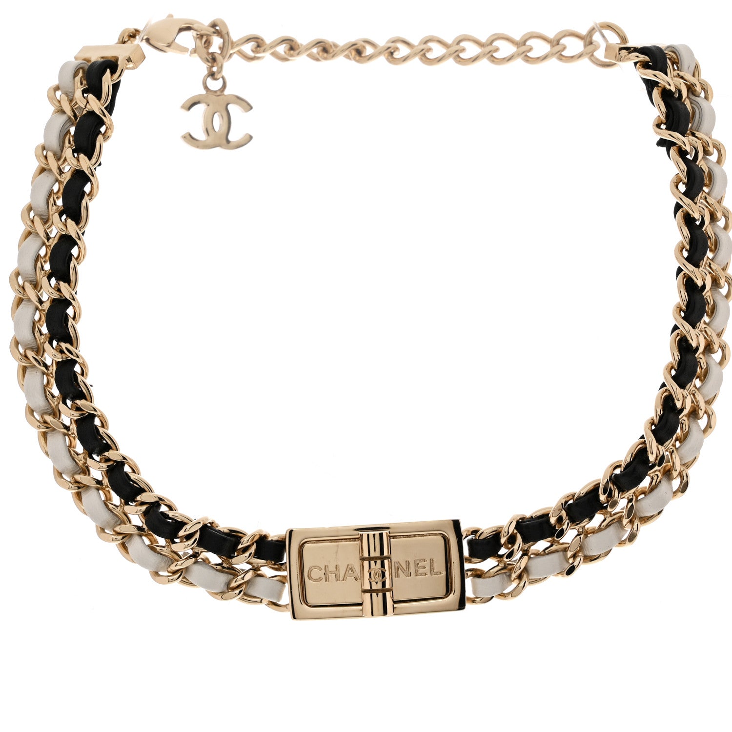 Chanel Metal Lambskin Reissue Lock Choker Necklace Black White Gold 1 of 6
