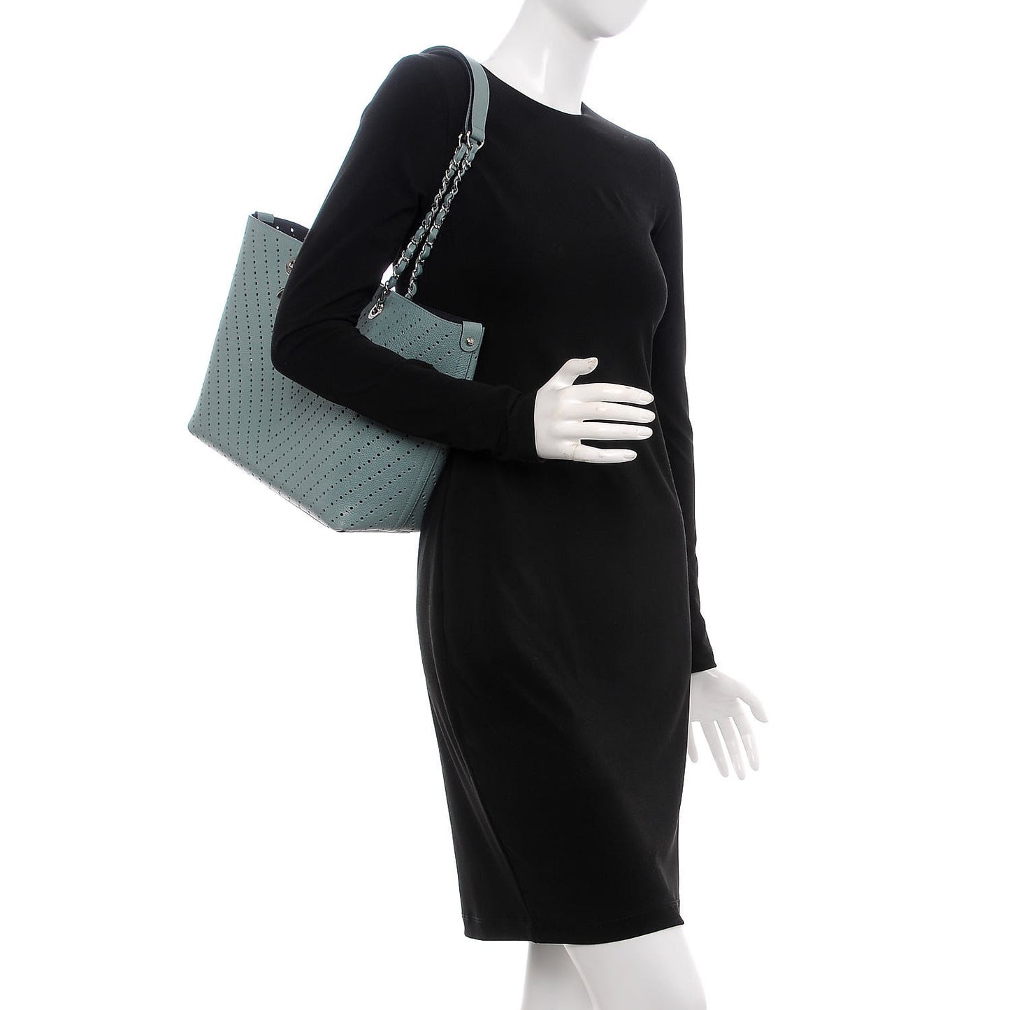 Perforated Grained Calfskin Large Shopping Tote Green