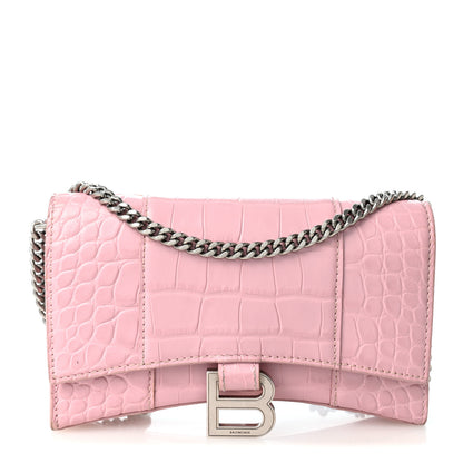 Balenciaga Shiny Calfskin Crocodile Embossed Hourglass Chain Bag Powder Pink 1 of 9