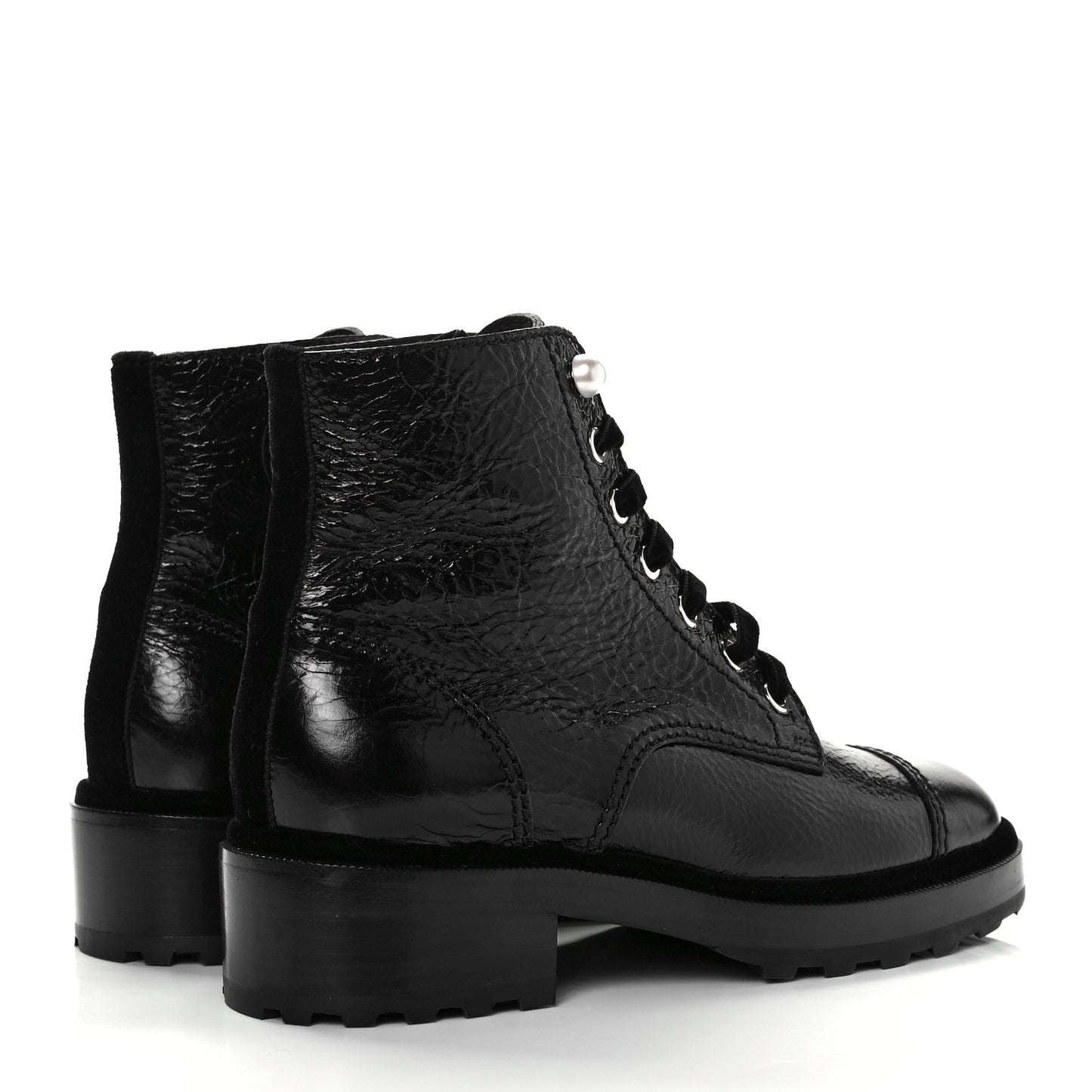 Shiny Calfskin Velvet Pearl Combat Short Boots 38.5 Black