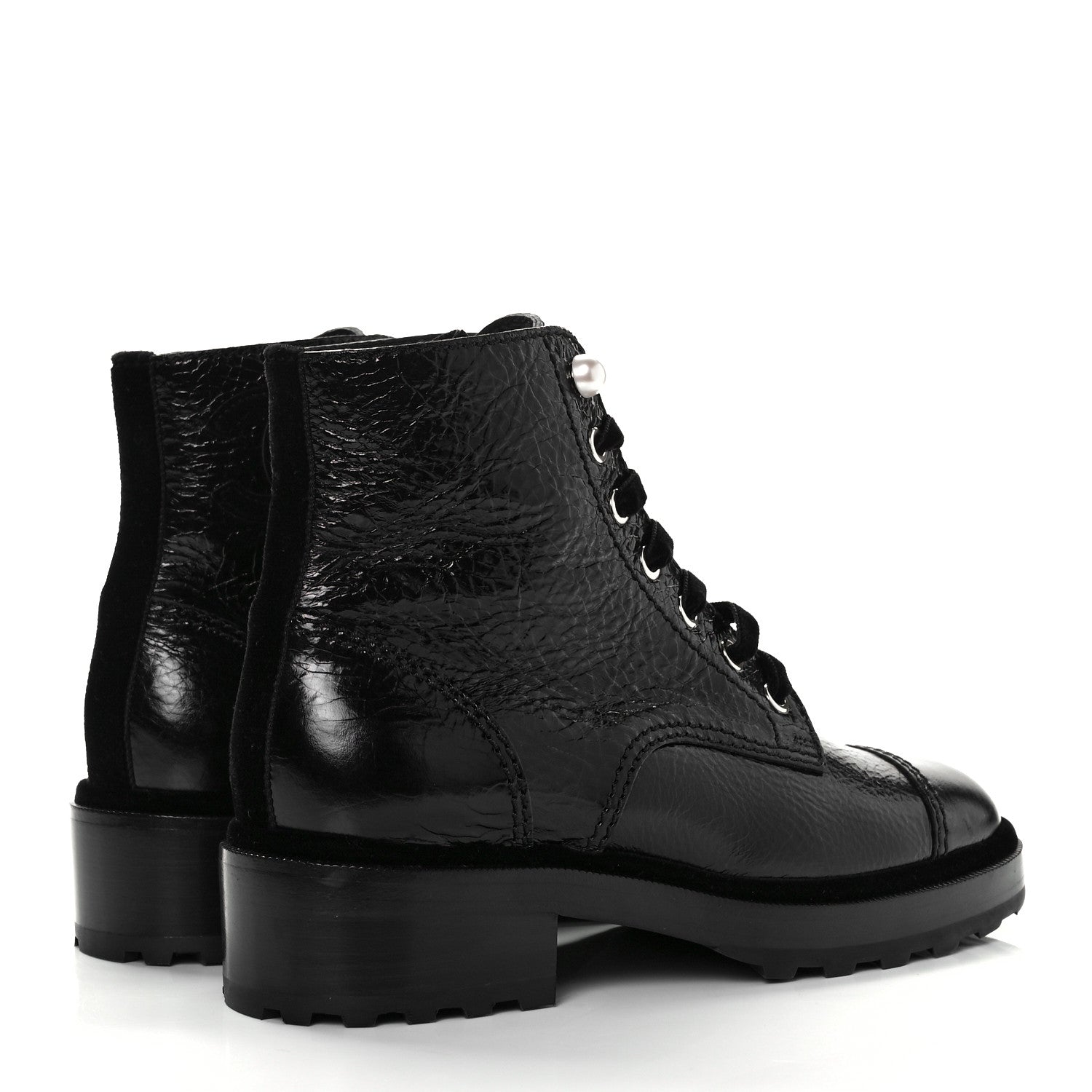 Chanel Shiny Calfskin Velvet Pearl Combat Short Boots 38.5 Black 4 of 8