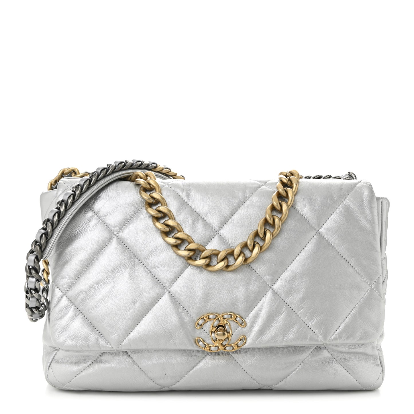 Metallic Goatskin Quilted Maxi Chanel 19 Flap Silver