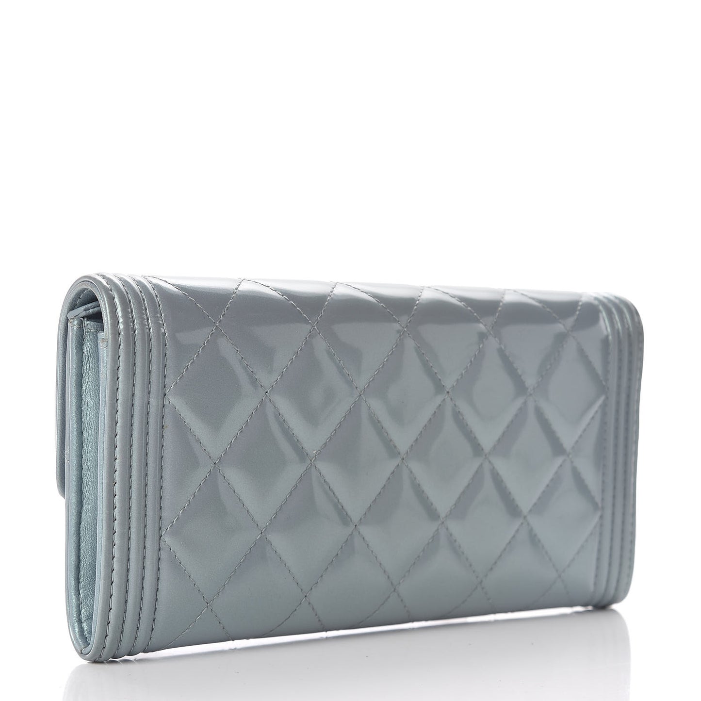Metallic Patent Calfskin Quilted Boy Large Gusset Flap Wallet Light Blue