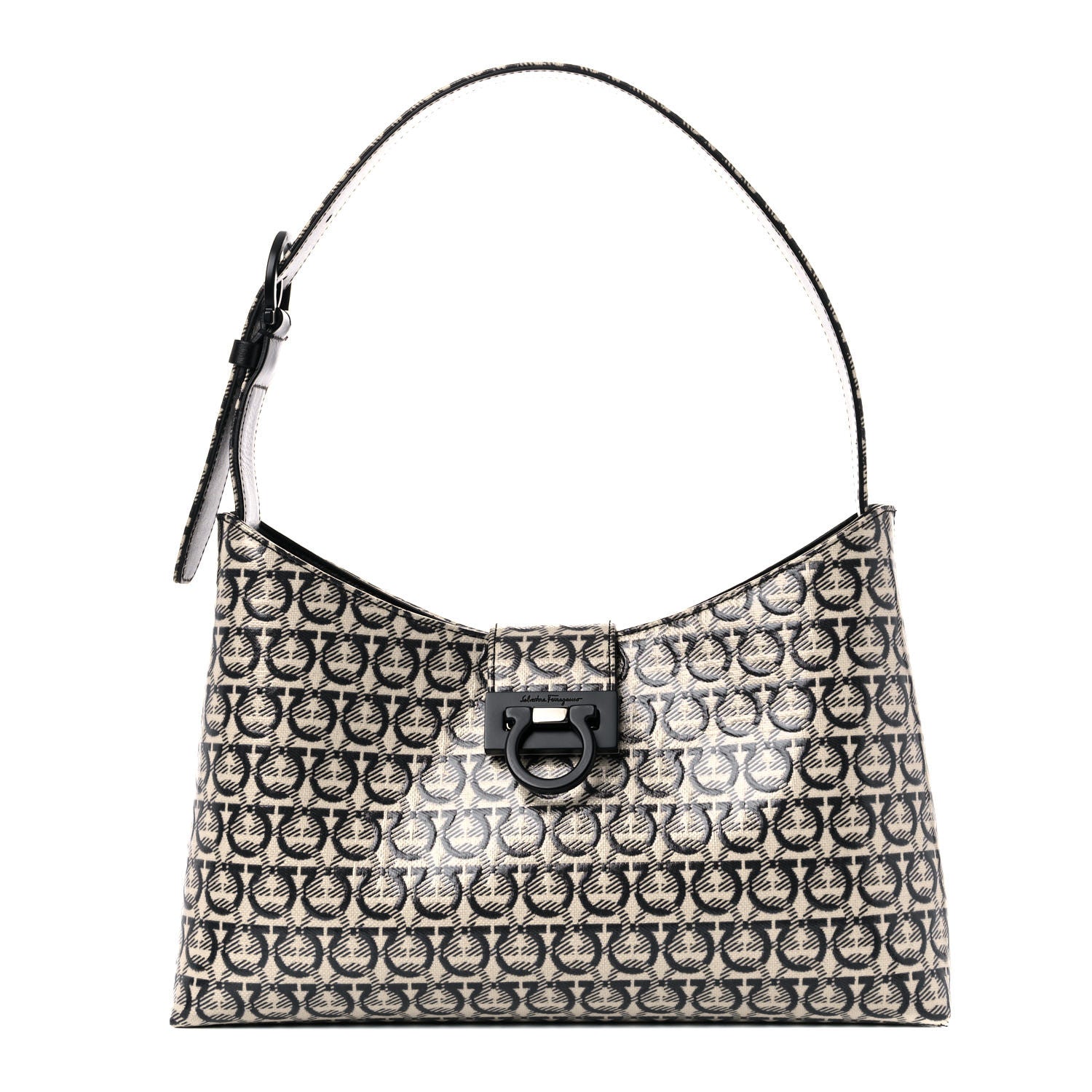 Salvatore Ferragamo Jacquard Trifolio Shoulder Bag Beige Black 1 of 12