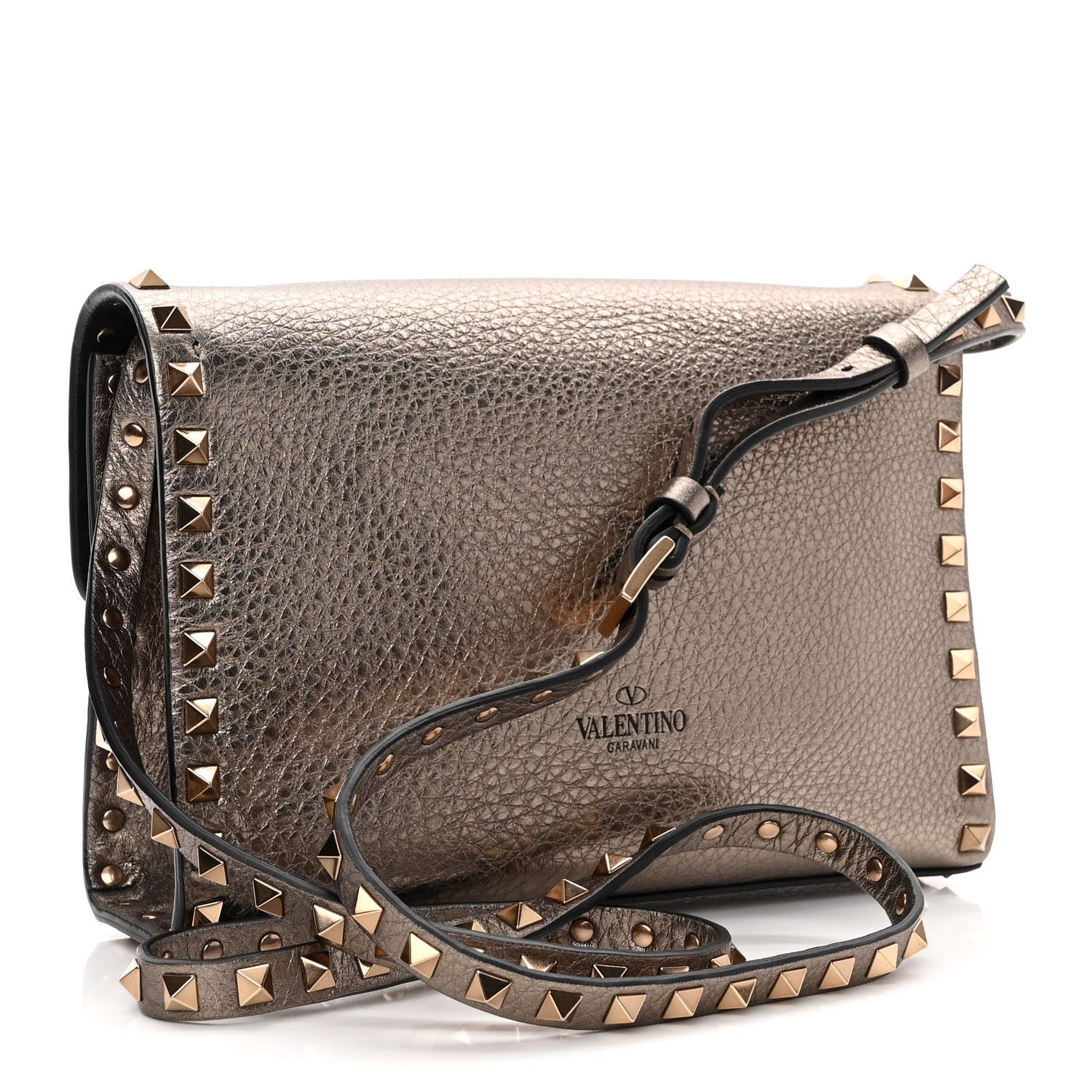 Valentino Garavani Metallic Pebbled Calfskin Medium Rockstud Flip Lock Crossbody Bag Sasso 3 of 9