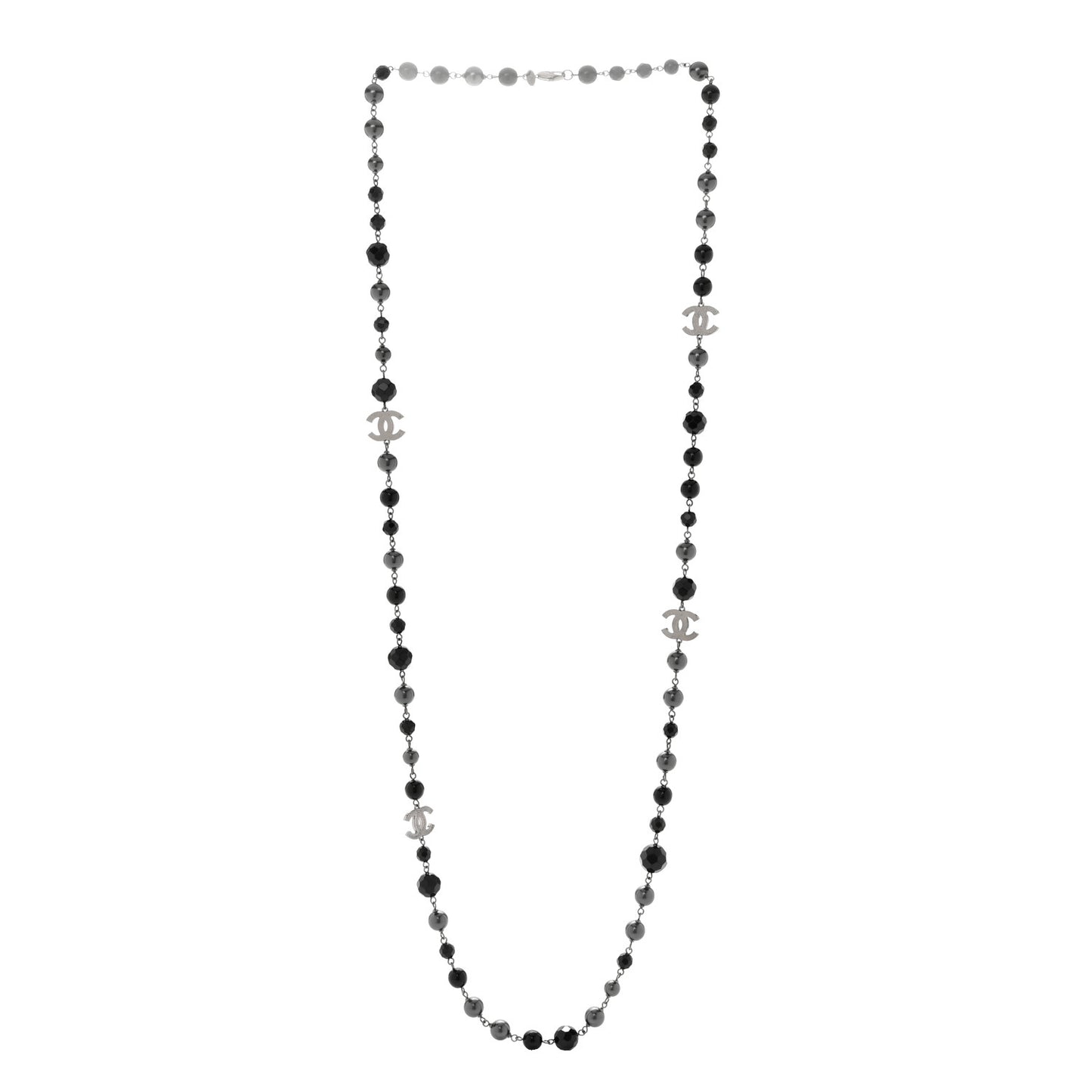 Pearl Beaded CC Long Necklace Silver Black