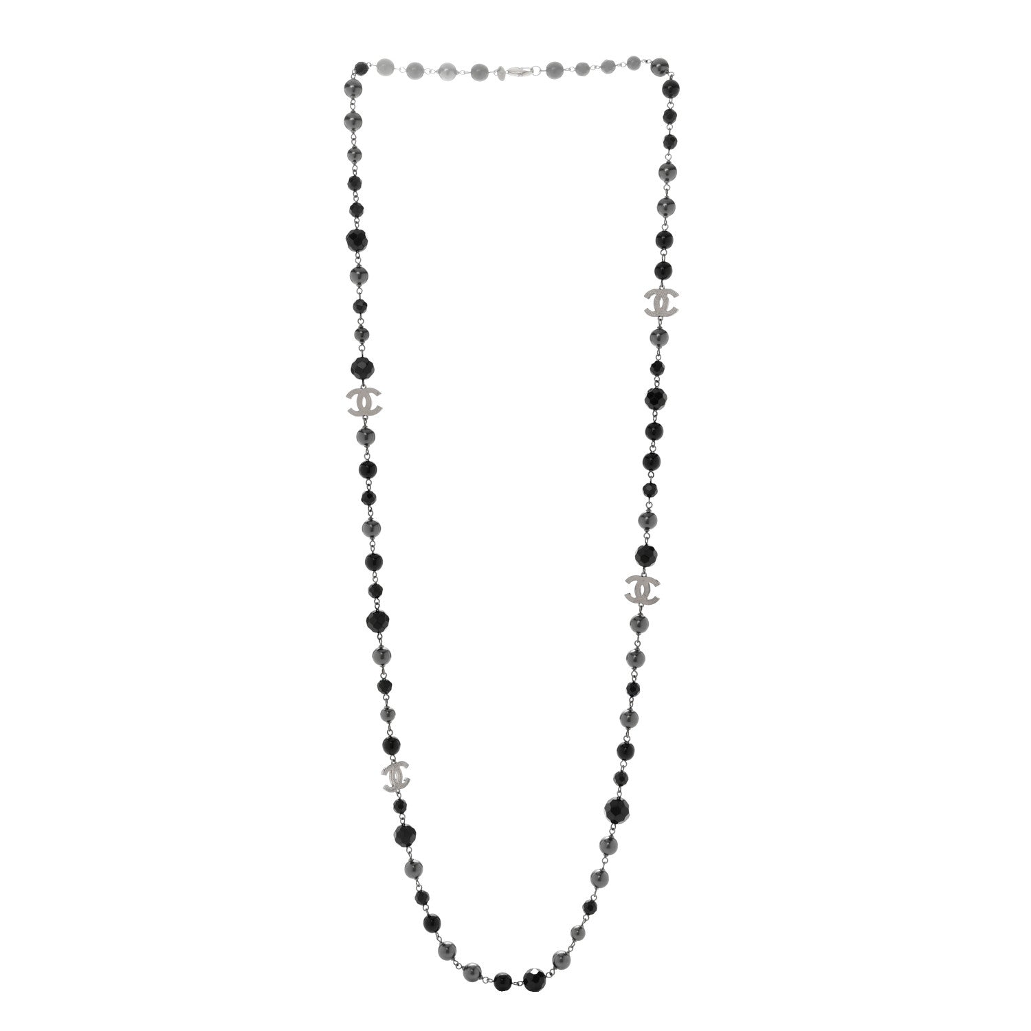 Chanel Pearl Beaded CC Long Necklace Silver Black 3 of 5