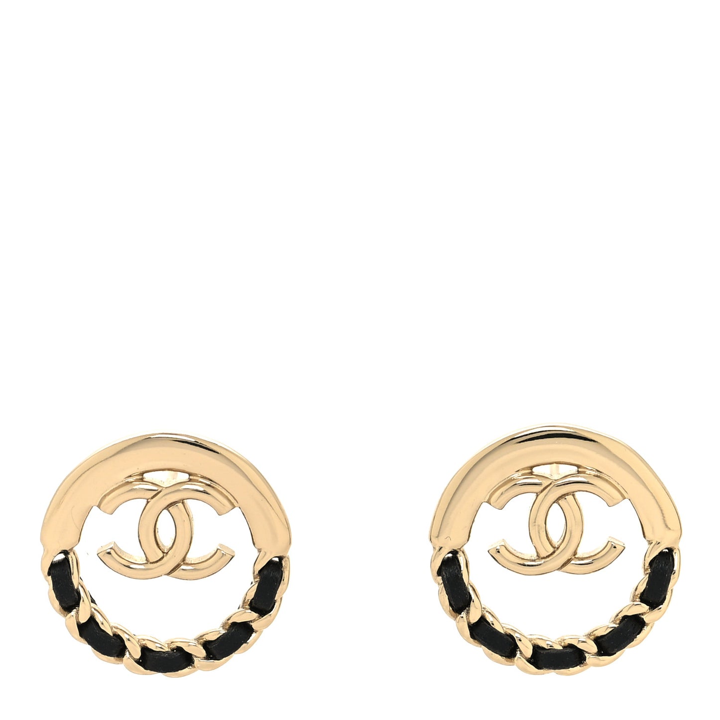 Lambskin Chain CC Round Earrings Gold Black