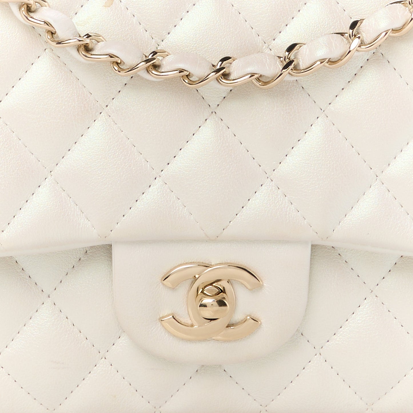 Iridescent Calfskin Quilted Medium Double Flap White