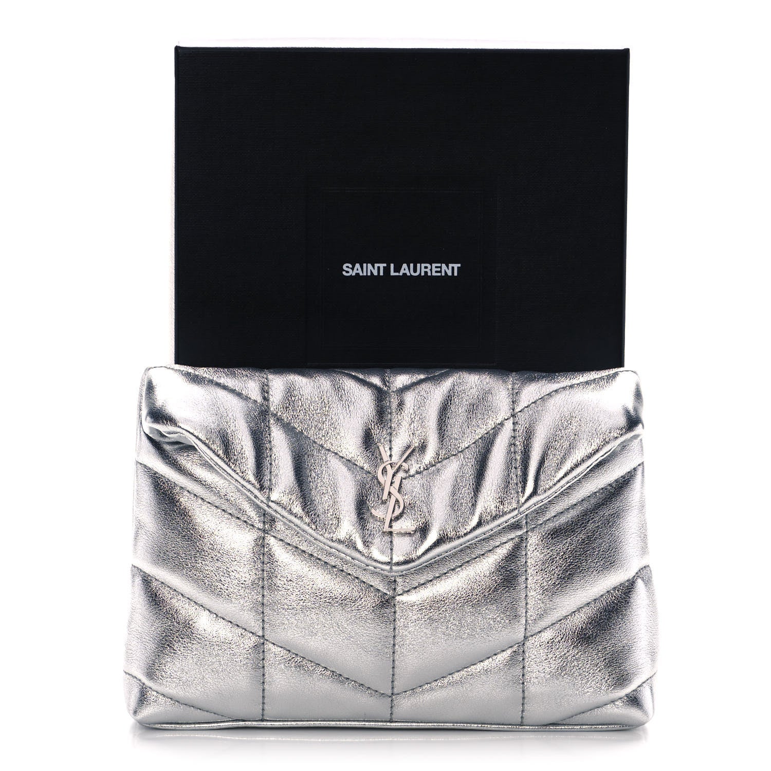 Saint Laurent Metallic Lambskin Monogram Loulou Puffer Pouch Clutch Silver 10 of 10