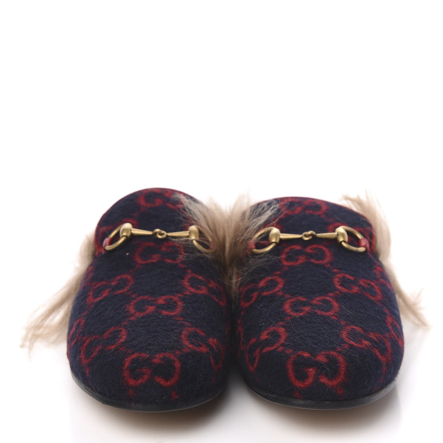 Covered Wool Big GG Monogram Fur Womens Princetown Slippers 38 Blue Red Butterscotch