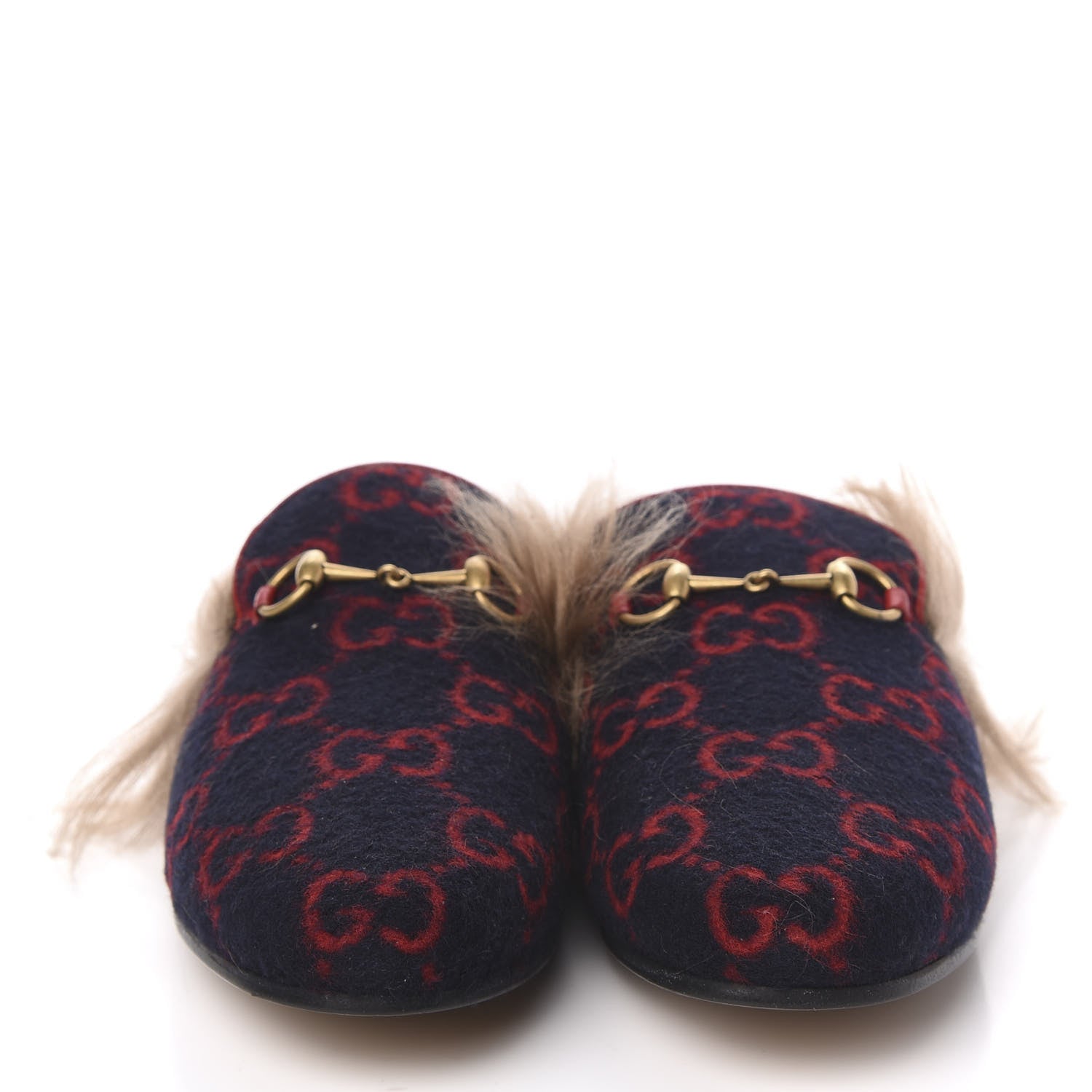 Gucci Covered Wool Big GG Monogram Fur Womens Princetown Slippers 38 Blue Red Butterscotch 2 of 8