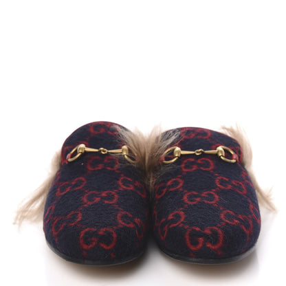 Gucci Covered Wool Big GG Monogram Fur Womens Princetown Slippers 38 Blue Red Butterscotch 2 of 8