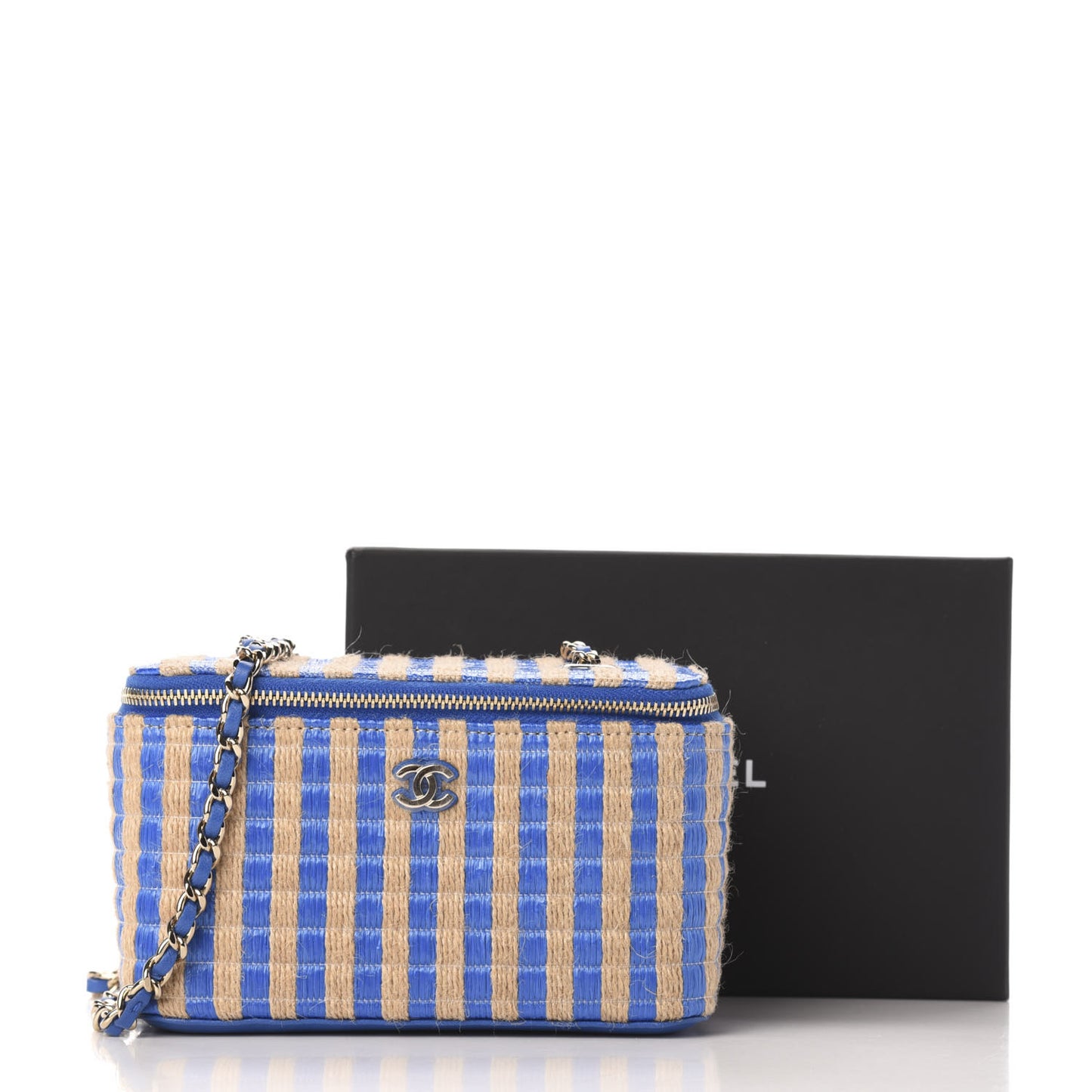 Raffia Jute Striped Small Vanity Case With Chain Blue Beige