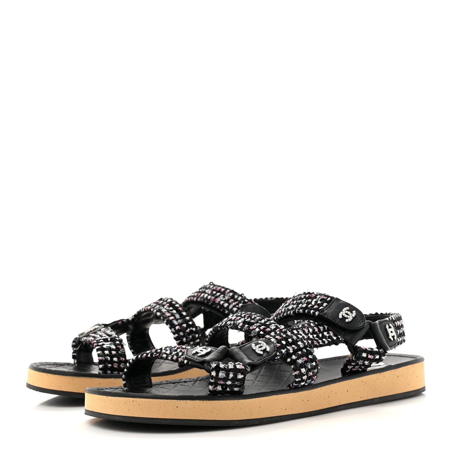 Chanel Glittered Tweed Lambskin Dad Sandals 39 Black White 4 of 9