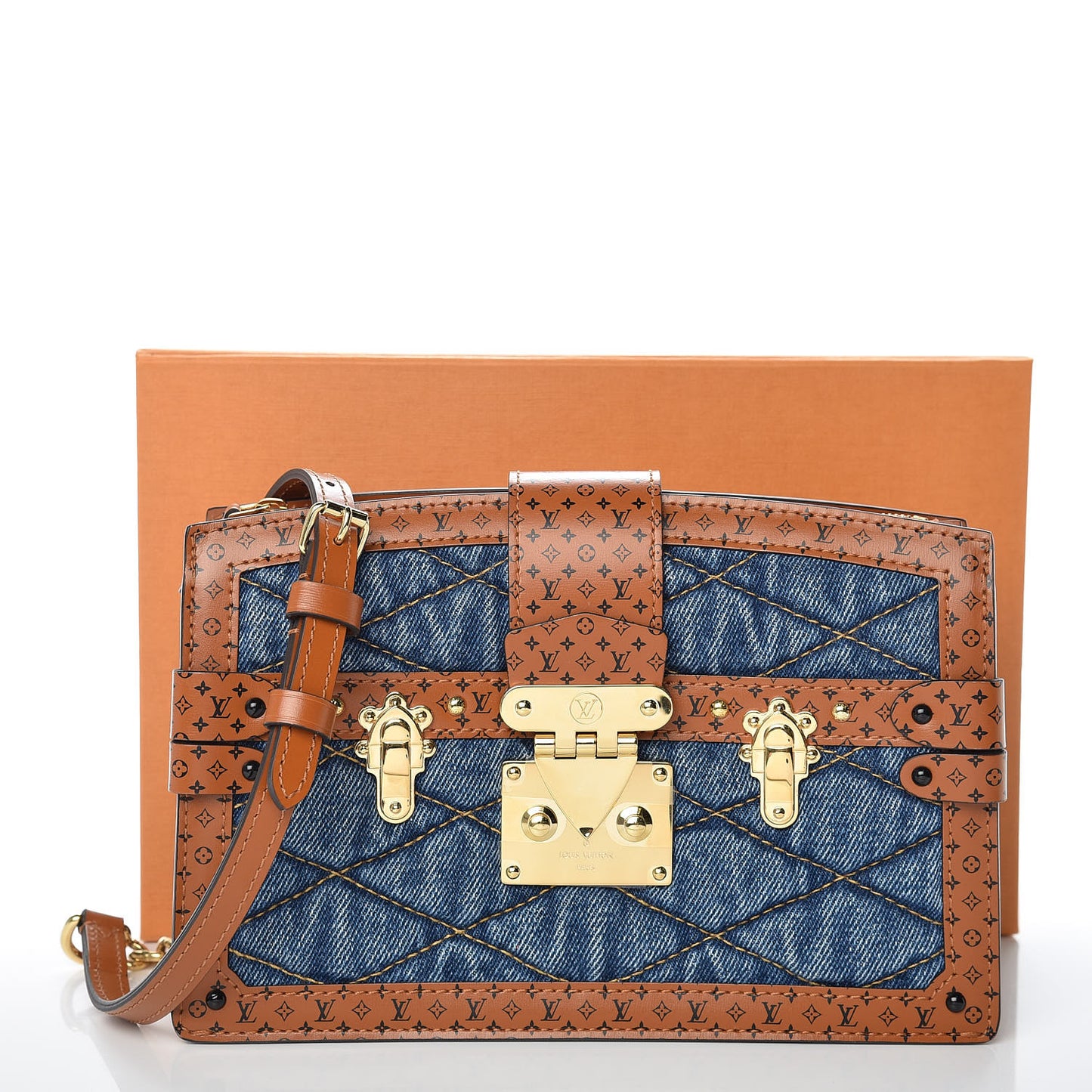 Denim Calfskin Malletage Trunk Clutch Light Blue