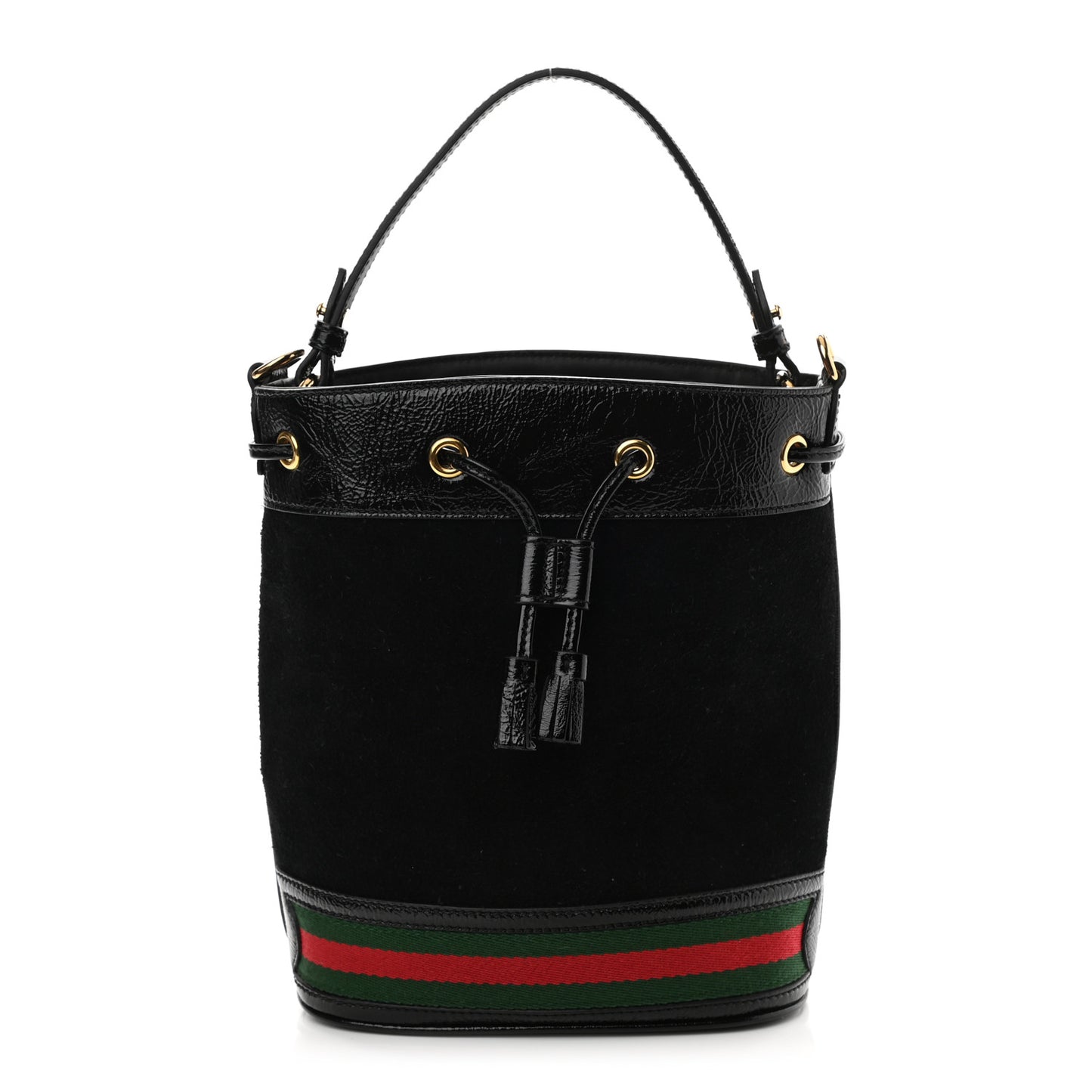 Suede Patent Web Small Ophidia Bucket Bag Black