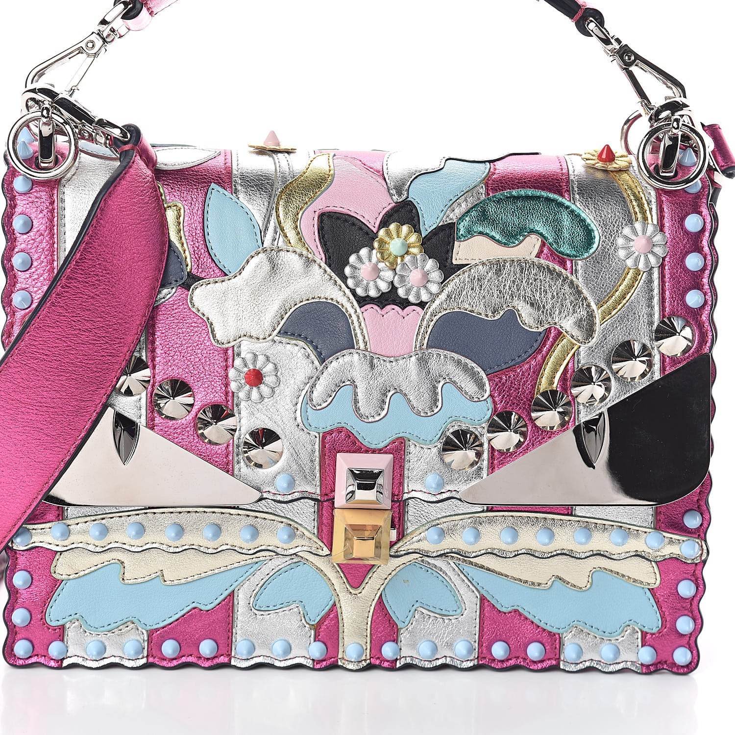 Fendi Metallic Calfskin Wonder Monster Kan I Shoulder Bag Pink Silver 7 of 9