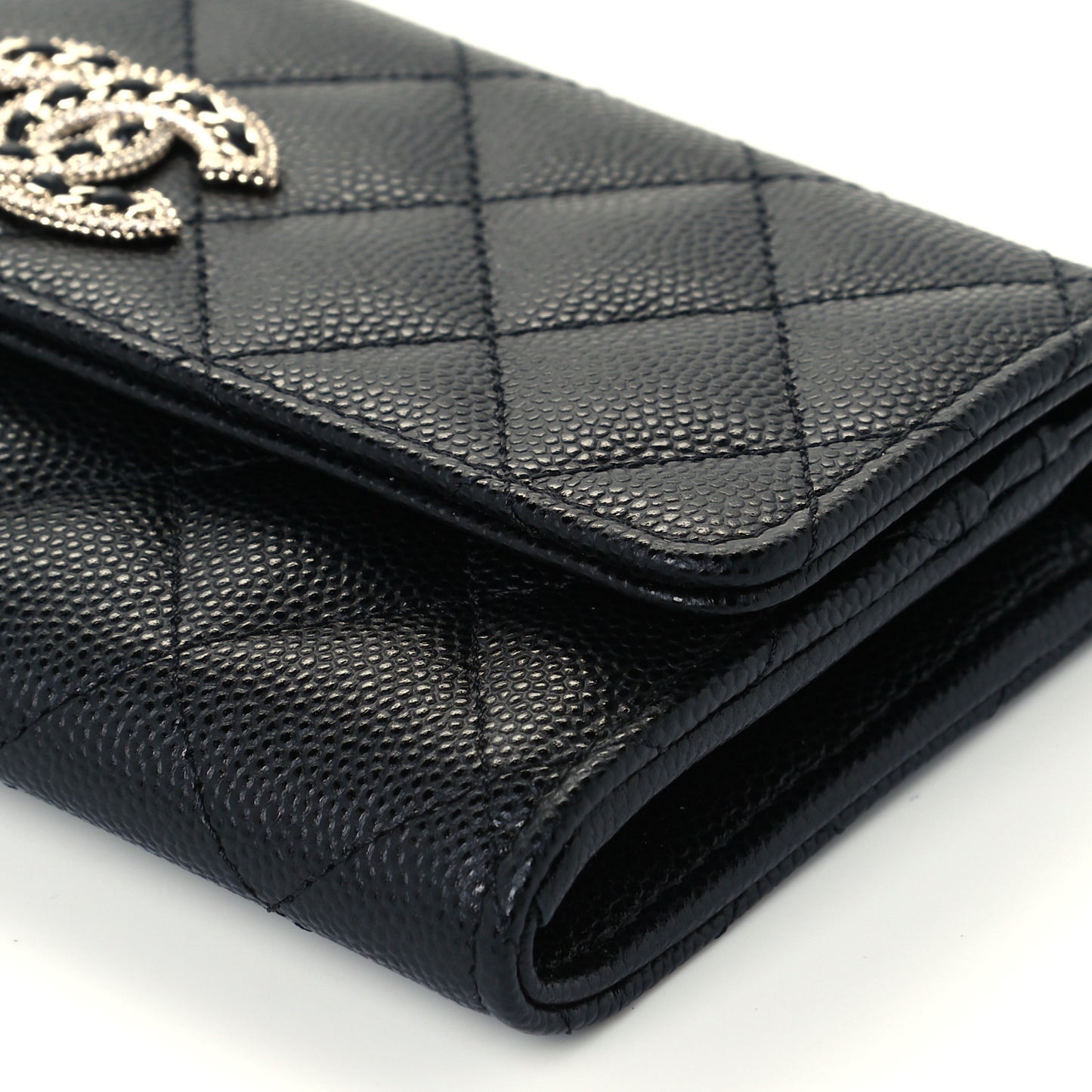 Caviar Quilted Crystal CC Large Gusset Flap Wallet Black