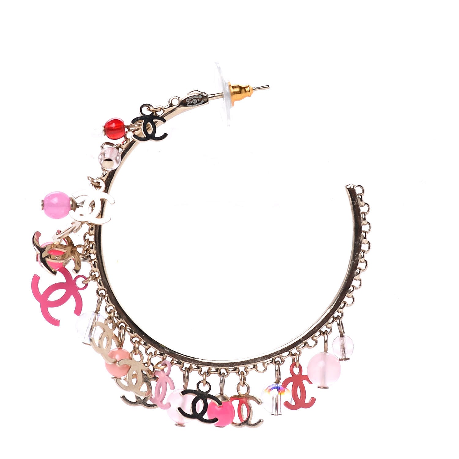 Chanel Crystal Bead CC Charm Hoop Earrings Pink Gold 4 of 6