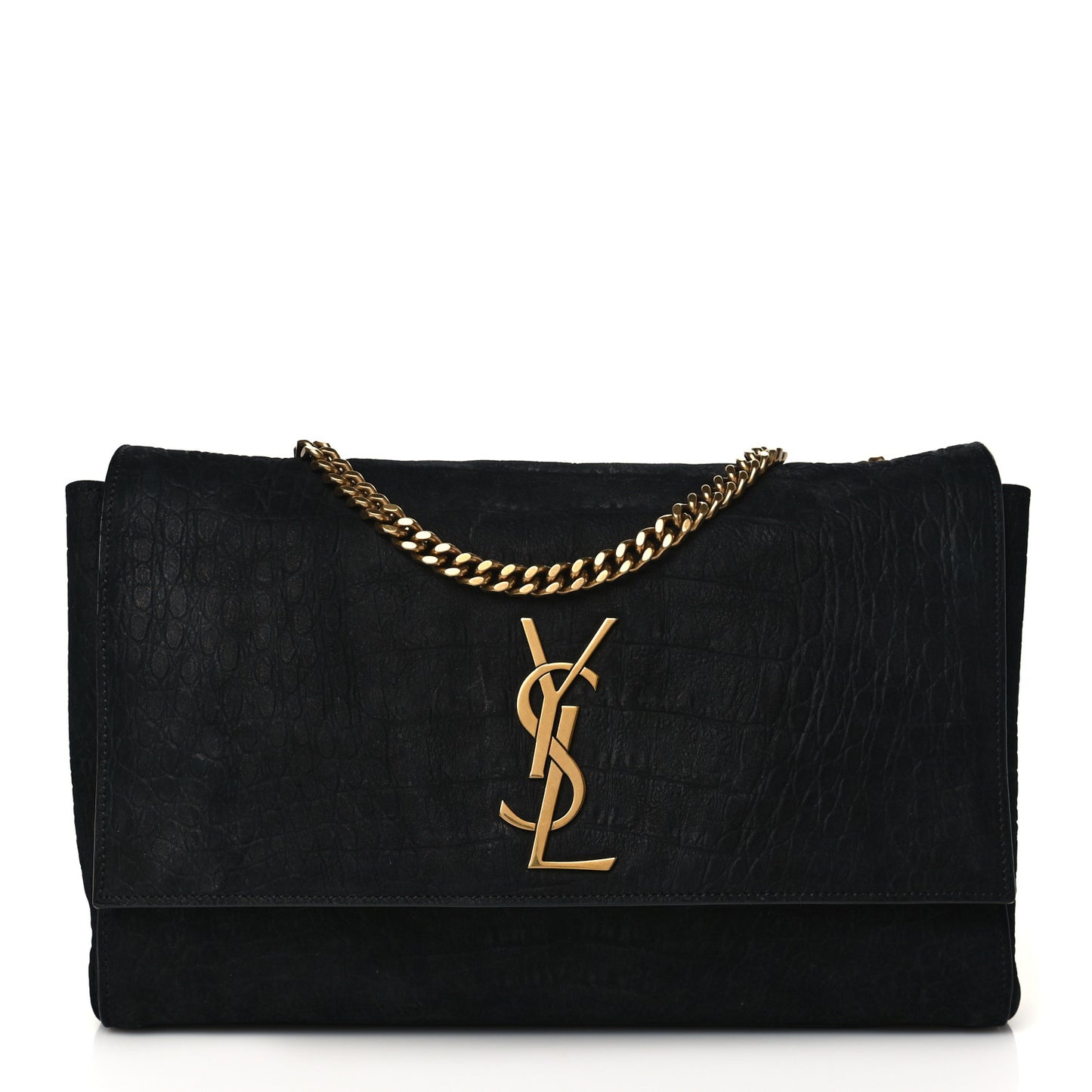 Calfskin Crocodile Embossed Suede Medium Reversible Monogram Kate Satchel Black Navy