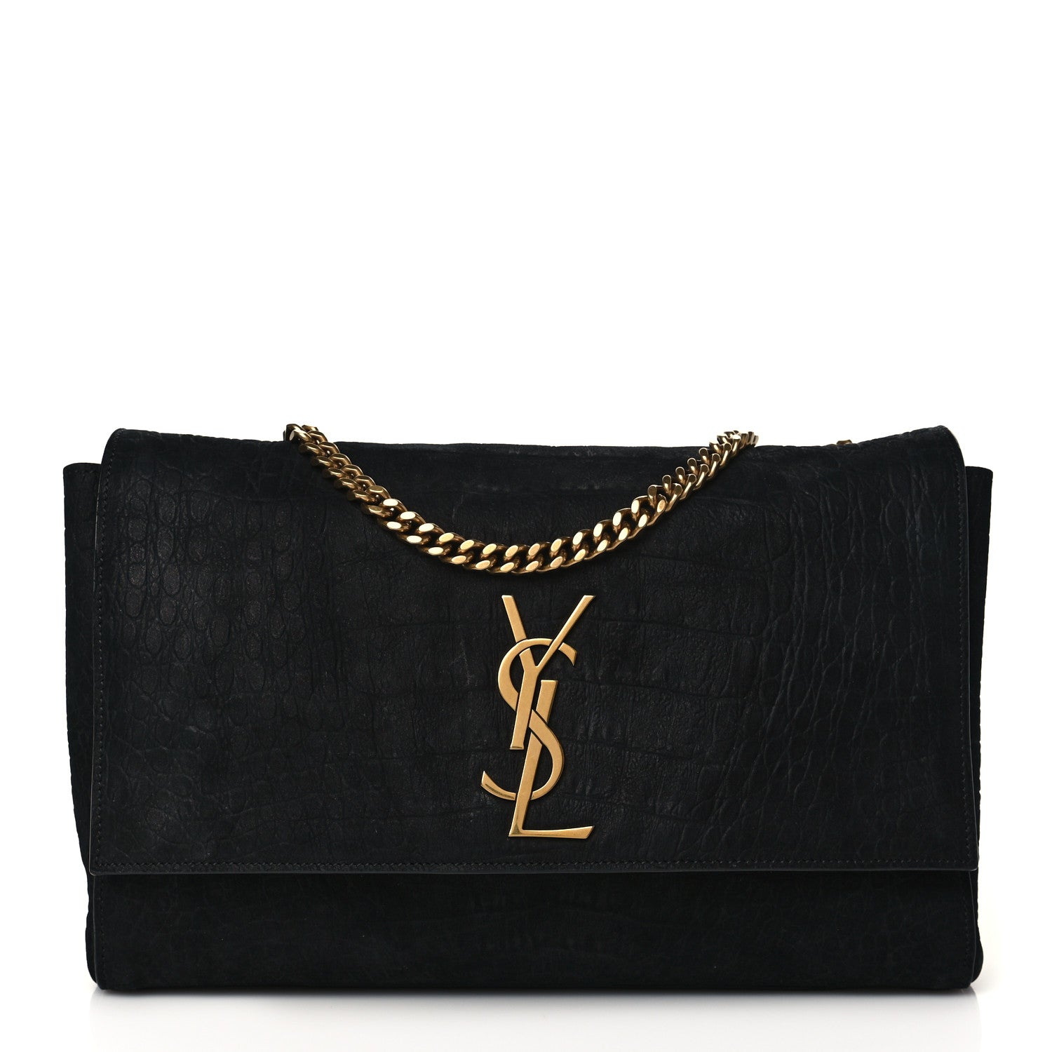 Saint Laurent Calfskin Crocodile Embossed Suede Medium Reversible Monogram Kate Satchel Black Navy 1 of 14