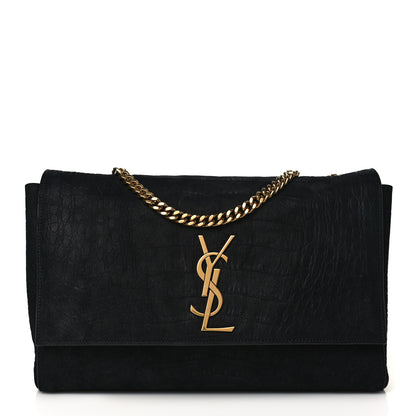 Saint Laurent Calfskin Crocodile Embossed Suede Medium Reversible Monogram Kate Satchel Black Navy 1 of 14