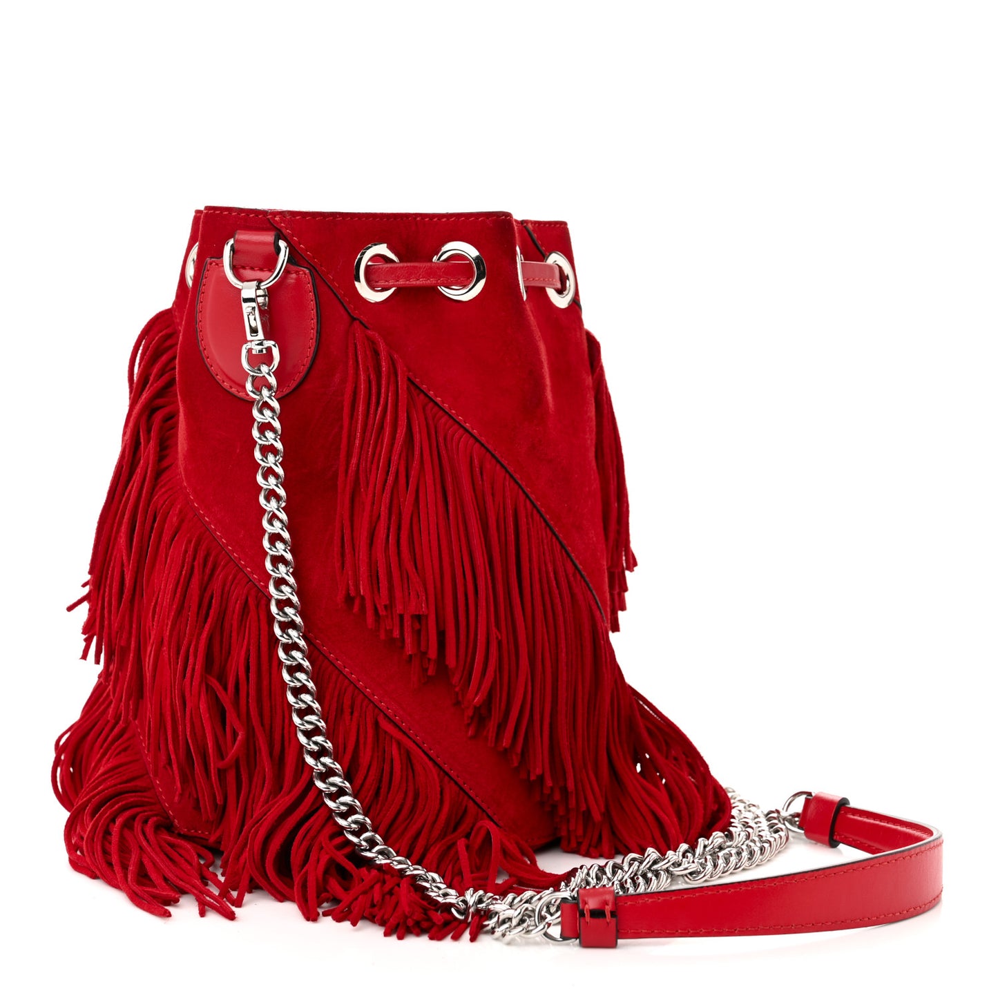 Suede Calfskin Fringe Marie Jane Bucket Red