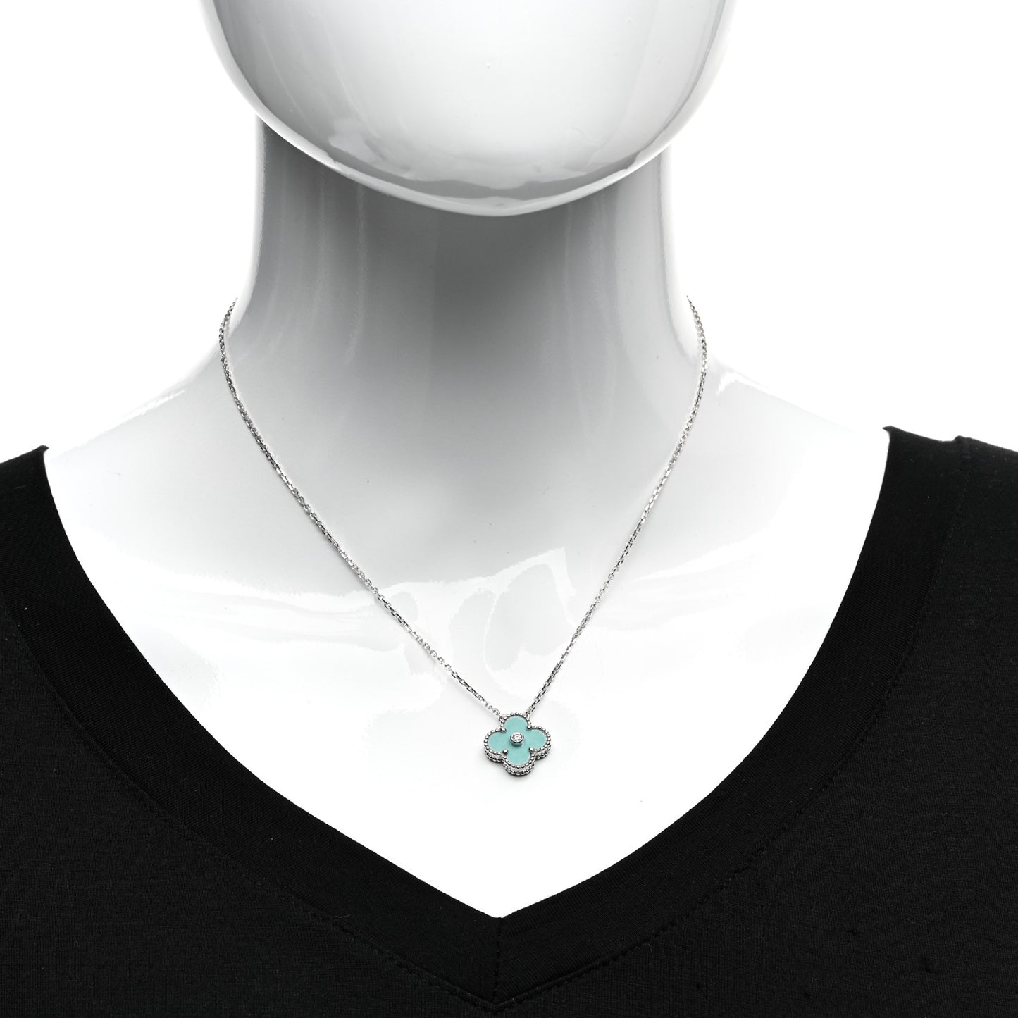 18K White Gold Diamond Celadon Green Sevres Porcelain Vintage Alhambra Pendant Necklace