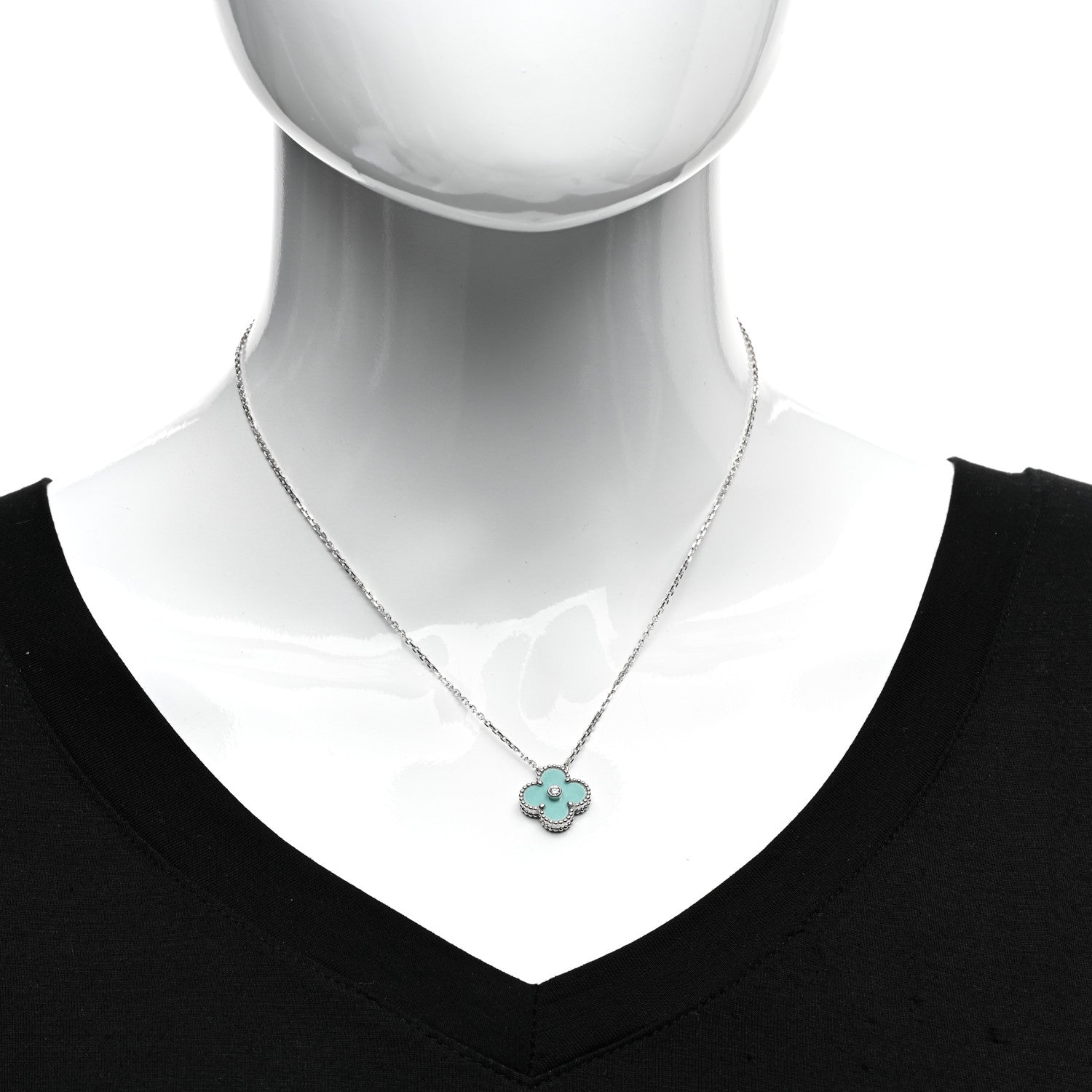 Van Cleef & Arpels 18K White Gold Diamond Celadon Green Sevres Porcelain Vintage Alhambra Pendant Necklace 2 of 4