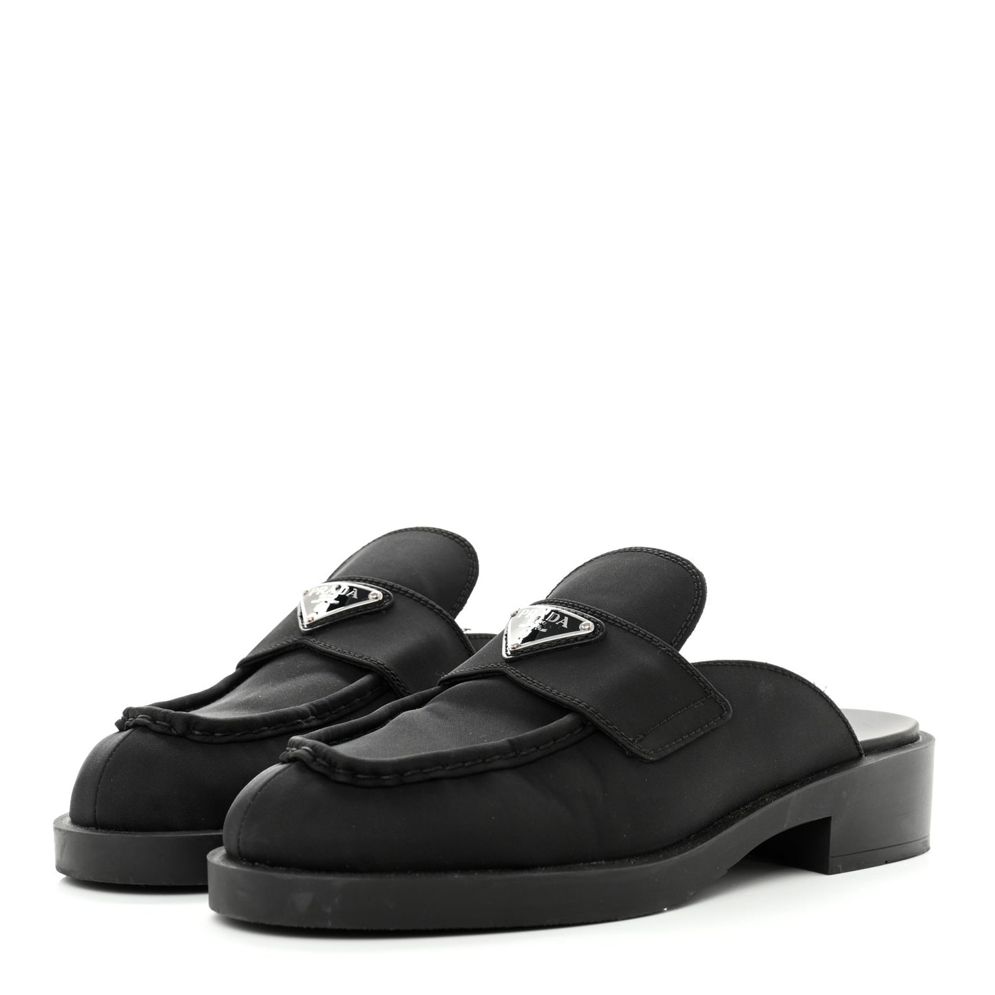 Re-Nylon Gabardine Metal Triangle Logo 40mm Loafer Mules 39.5 Black