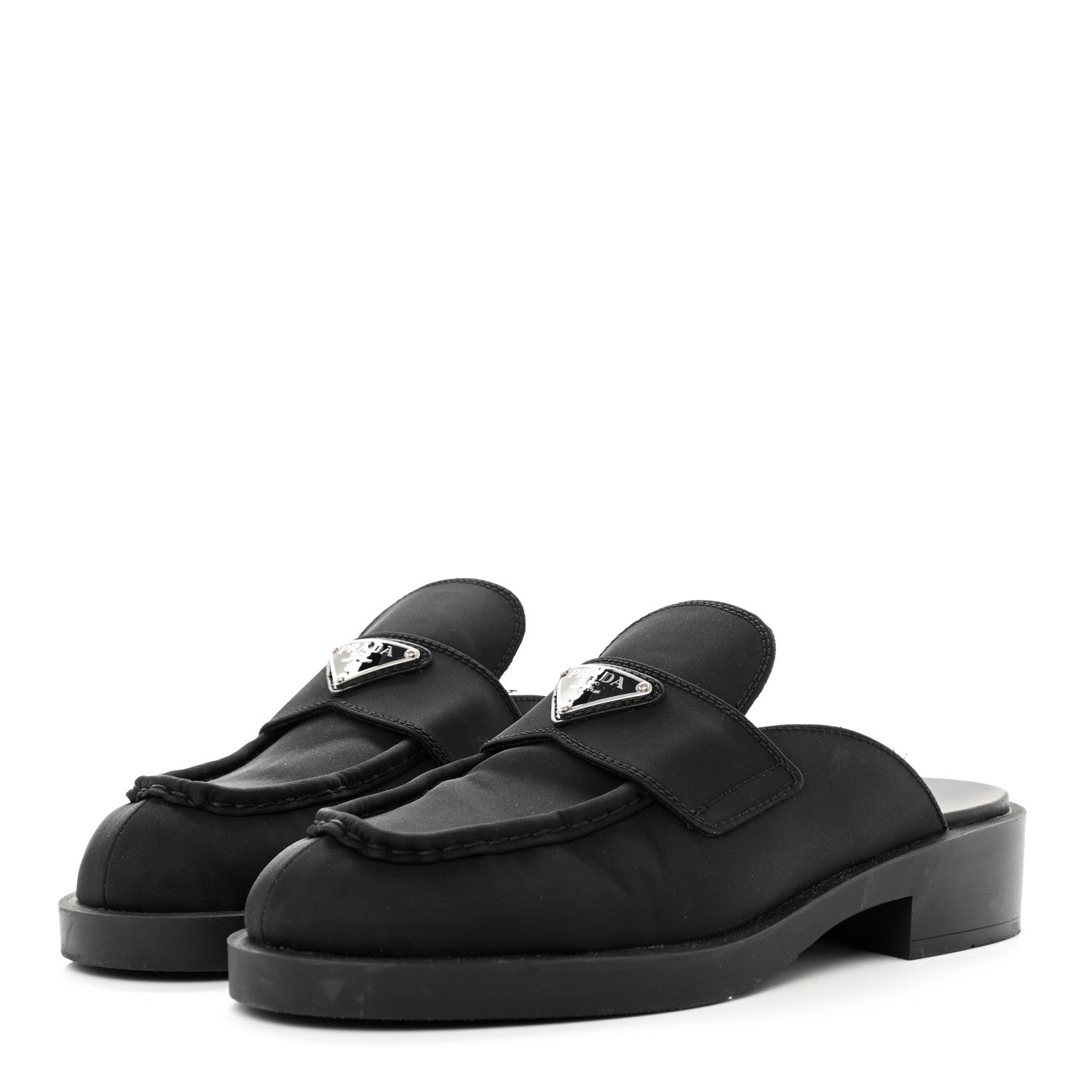 Prada Re-Nylon Gabardine Metal Triangle Logo 40mm Loafer Mules 39.5 Black 3 of 13