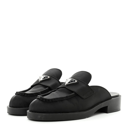 Prada Re-Nylon Gabardine Metal Triangle Logo 40mm Loafer Mules 39.5 Black 3 of 13