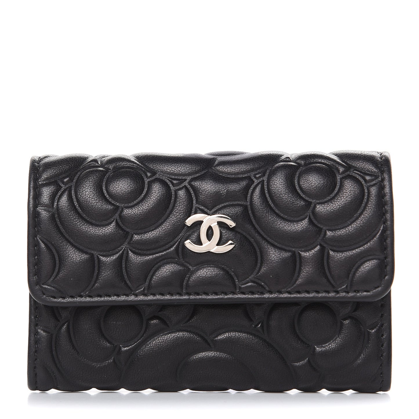 Goatskin Camellia Embossed Flap Card Holder Wallet Black