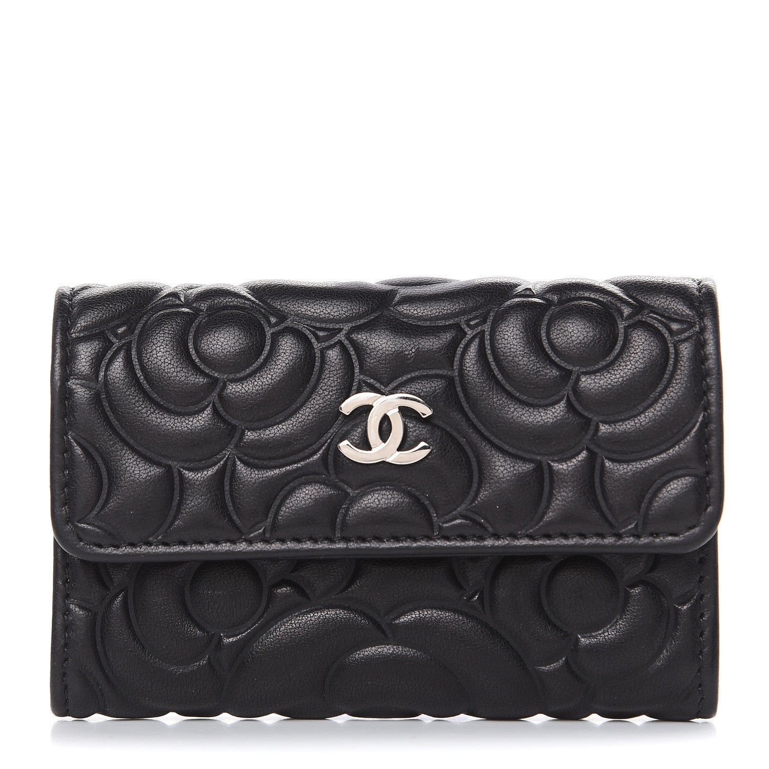 Chanel Goatskin Camellia Embossed Flap Card Holder Wallet Black 1 of 12