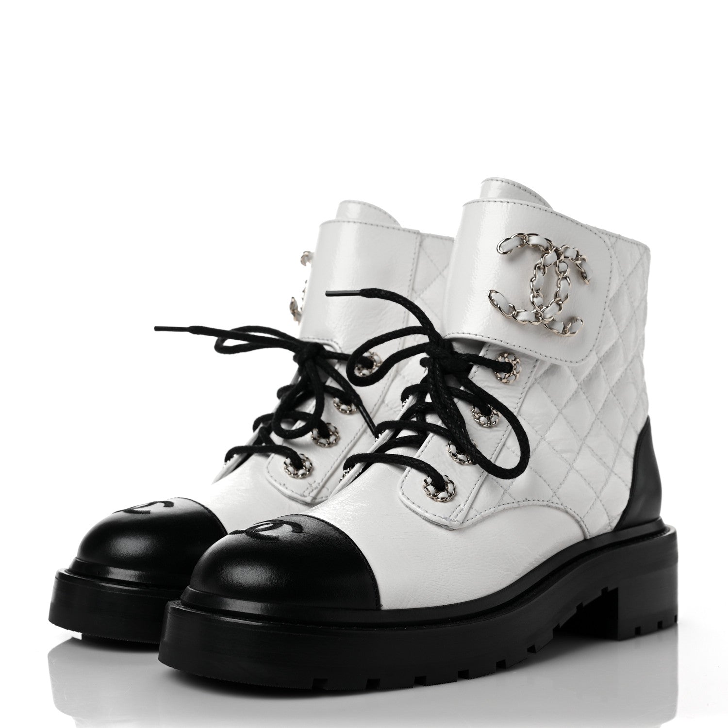 Chanel Shiny Goatskin Calfskin Quilted Lace Up Combat Boots 37 Black White 3 of 10