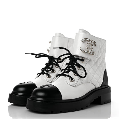 Chanel Shiny Goatskin Calfskin Quilted Lace Up Combat Boots 37 Black White 3 of 10